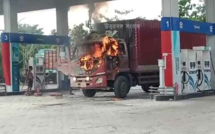 sudden fire in a truck standing at a petrol pump in Rangalibajna